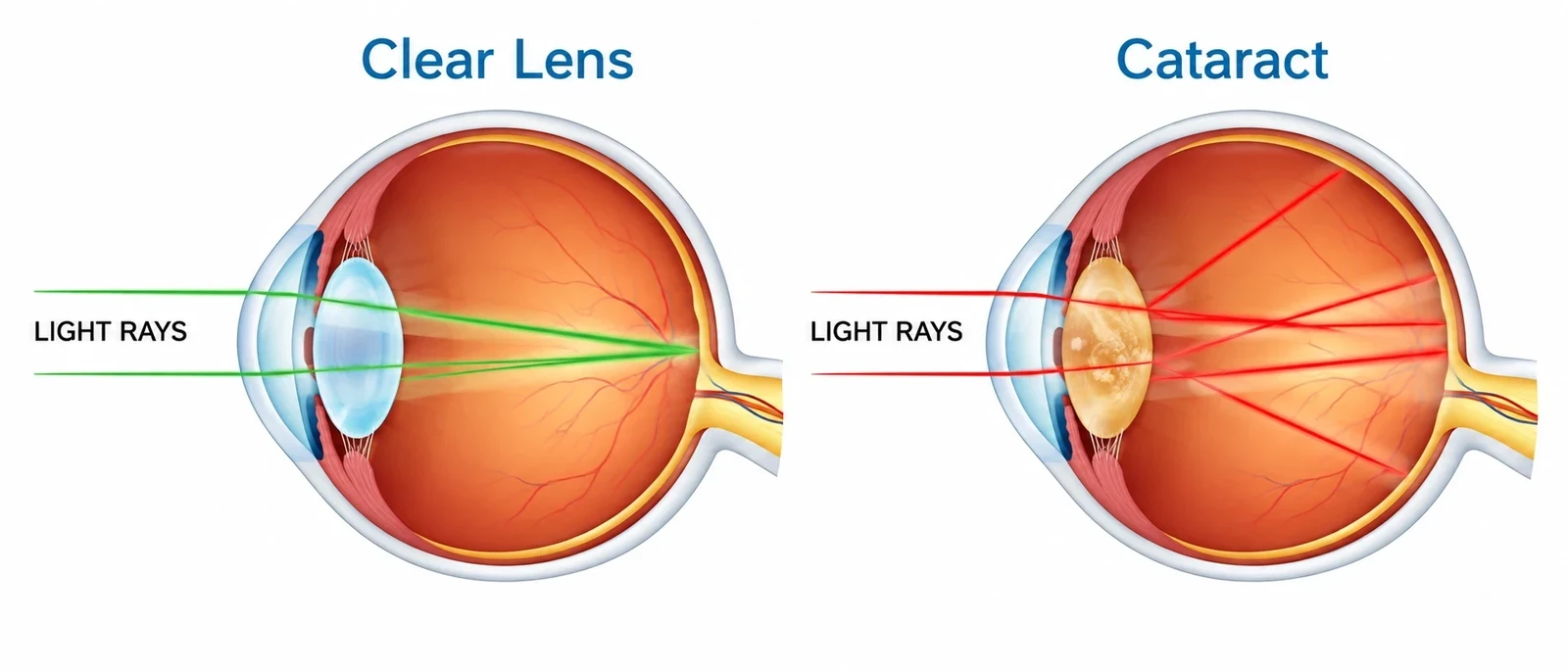 Side-by-side eye diagrams: a clear lens focusing light rays to a single point on the retina, and a cataract scattering the same rays across it