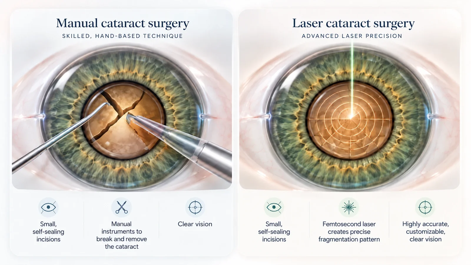 Side by side surgical views of the same eye. On the left, manual cataract surgery: hand instruments break the cloudy lens along irregular fracture lines. On the right, laser cataract surgery: a femtosecond laser divides the lens along a precise circular and radial pattern.